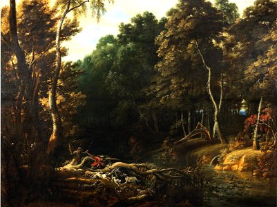 Jacques d'Arthois - Wooded landscape with a boar hunt