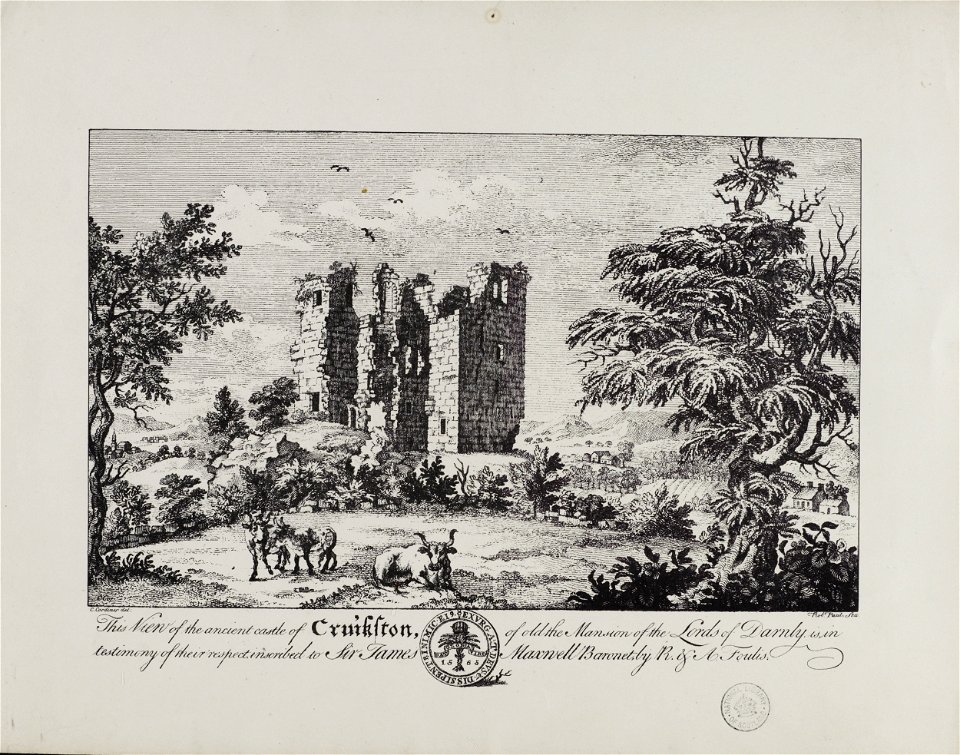 Jacobite broadside - Reproduction of an engraving of Cruikston Castle, with a reproduction of Burns' inscription on the Crookston Yew on verso