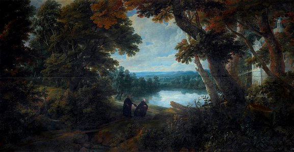 Jacques d'Arthois - Extensive forest landscape with St. Francis Borgia. Free illustration for personal and commercial use.