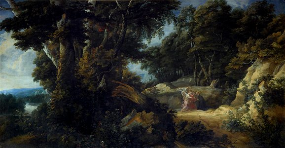 Jacques d'Arthois - Extensive forest landscape with St. Stanisław Kostka. Free illustration for personal and commercial use.