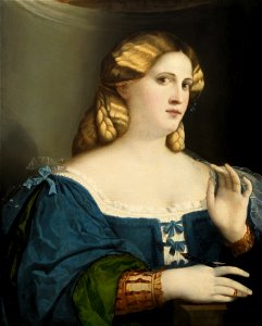 Jacopo Negretti, called Palma il Vecchio - Young Woman in a Blue Dress, with Fan - Google Art Project