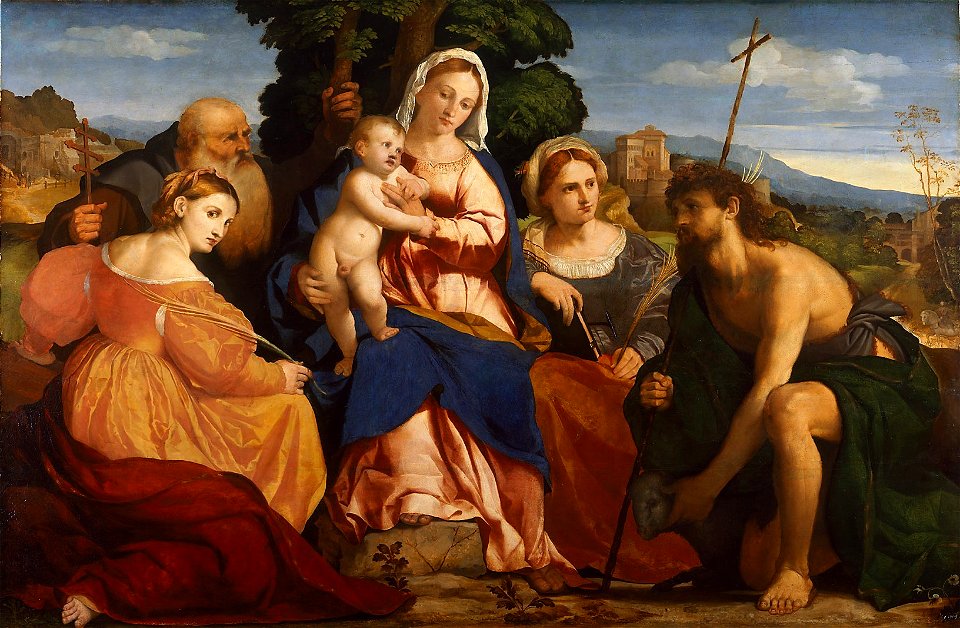 Jacopo Negretti, gen. Palma il Vecchio, , Kunsthistorisches Museum Wien, Gemäldegalerie - Maria mit Kind und Heiligen Katharina und Coelestin (links) und Johannes d. Täufer und Barbara (rech - GG 60 - Kunsthistorisches Museum
