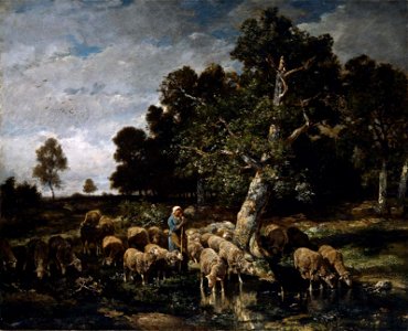 Charles-Émile Jacque - Shepherdess watering Sheep (1881). Free illustration for personal and commercial use.