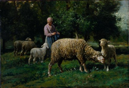 Charles-Émile Jacque - Bergère avec des moutons (ca.1876). Free illustration for personal and commercial use.