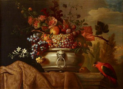 Jakob Bogdany (c.1660-1724) - Fruit in a Pewter Bowl with a Parrot - 515492 - National Trust