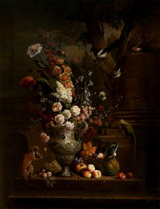 Jakob Bogdany (c.1660-1724) - A Vase of Flowers with Fruit, a Monkey and Birds on a Terrace - 108921 - National Trust