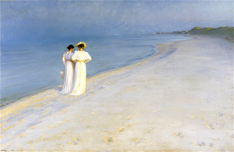 P.S. Krøyer - Summer evening on Skagen's Beach. Anna Ancher and Marie Krøyer walking together. - Google Art Project. Free illustration for personal and commercial use.