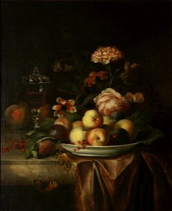 Jakob Bogdany (c.1660-1724) - A Dish of Peaches and Plums on a Marble Table with Flowers and a Glass Chalice - 537731 - National Trust