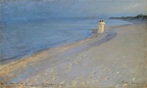 Peder Severin Krøyer - Summer evening at the South Beach, Skagen. Anna Acher and Marie Krøyer - Google Art Project (TQFsU4zCe rZTA). Free illustration for personal and commercial use.