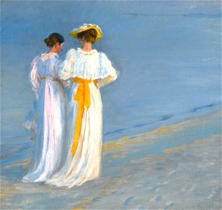Marie Krøyer and Anna Ancher on the Beach at Skagen by Peder Severin Krøyer. Free illustration for personal and commercial use.