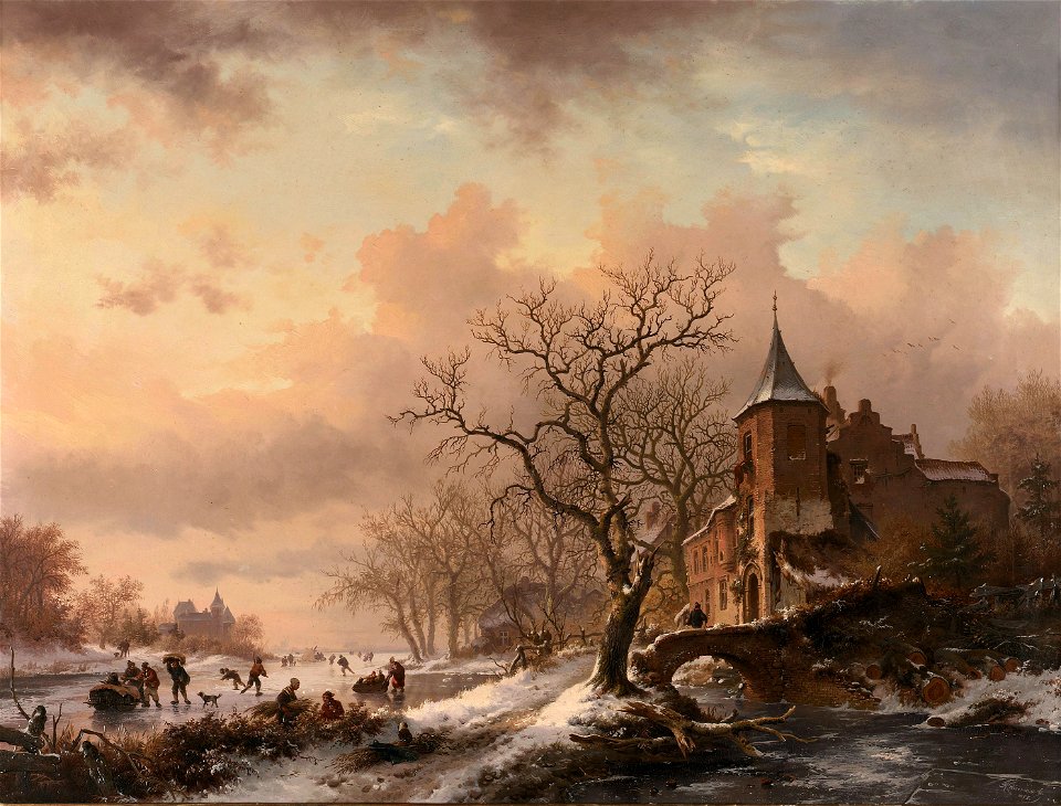 Frederik Marinus Kruseman - Kasteel in een winterlandschap en schaatsers op een bevroren rivier
