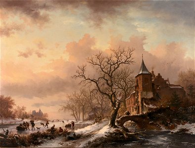 Frederik Marinus Kruseman - Kasteel in een winterlandschap en schaatsers op een bevroren rivier
