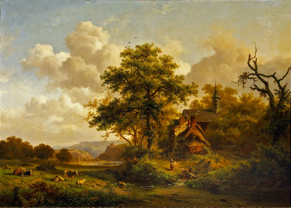 Frederik Marinus Kruseman - Een rustige landschap met vrouwen wassen door een beekje en runderen en schapen rusten