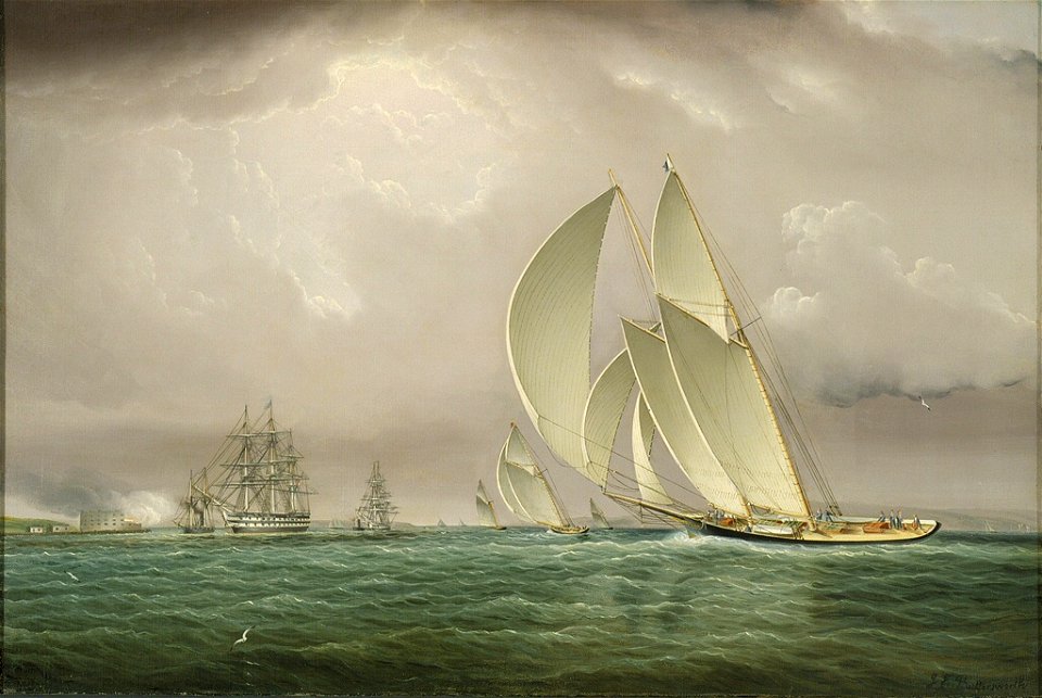 James Edward Buttersworth - Yachting Race in New York Harbor with Naval Salute at Castle William on Governor's Island - 38.067 - Rhode Island School of Design Museum