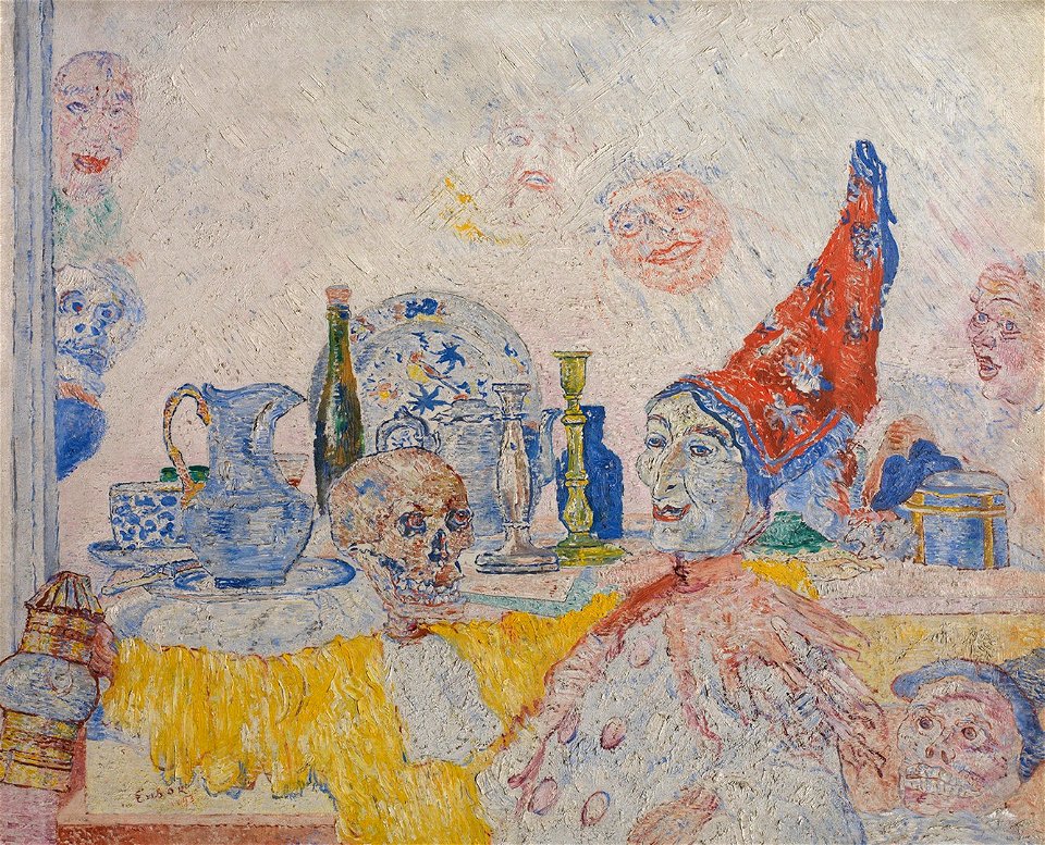 James Ensor, Pierrot en skelet in een gele toga, 1893