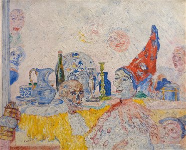 James Ensor, Pierrot en skelet in een gele toga, 1893