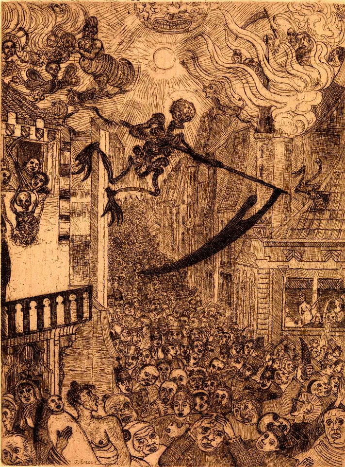 James Ensor, Death Pursuing Humanity (1896) etching, 24.1 x 18.2 cm., Museum of Fine Arts, Ghent