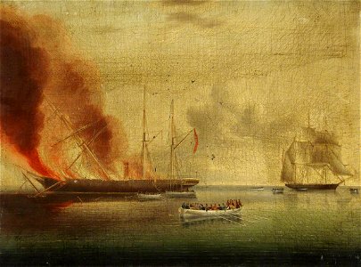 James Edward Buttersworth (1817-1894) (attributed to) - The Steamship 'Glasgow' on Fire off Nantucket 31 July 1865, Passengers and Crew Rescued by the 'Rosa - BHC3365 - Royal Museums Greenwich