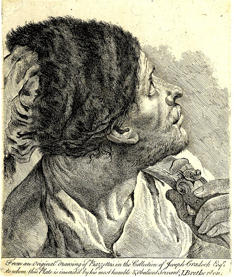 James Bretherton - Head of a man wearing a fur hat looking upwards, after Piazzetta, 1858,0417.306
