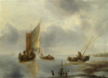 Jan van de Cappelle - Kustgezicht met een drooggevallen zeilbootje - NG865 - National Gallery. Free illustration for personal and commercial use.