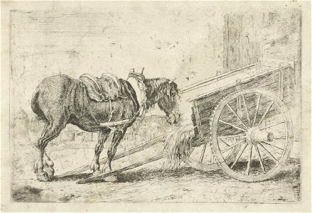 Jan van den Hecke - Horse eating straw from a cart. Free illustration for personal and commercial use.