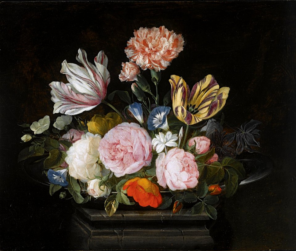 Jan van den Hecke - Still Life of Parrot Tulips, Roses, Carnations, Morning Glory and Other Flowers in a Silver Dish on a Stone Pedestal