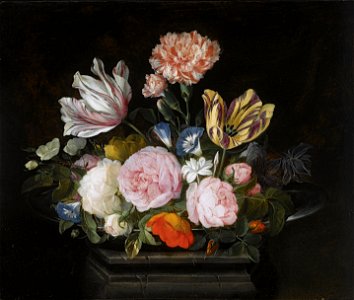 Jan van den Hecke - Still Life of Parrot Tulips, Roses, Carnations, Morning Glory and Other Flowers in a Silver Dish on a Stone Pedestal. Free illustration for personal and commercial use.