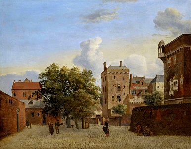Jan van der Heyden - A View of a small Town Square with Figures promenading, probably in Cologne