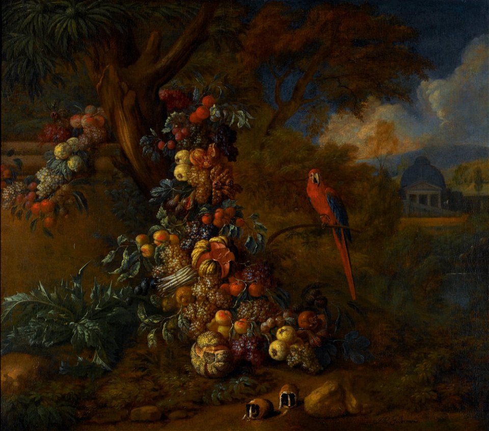 Jan Pauwel Gillemans (II) - Still life of fruit and vegetables in a park landscape, with a macaw and two guinea pigs
