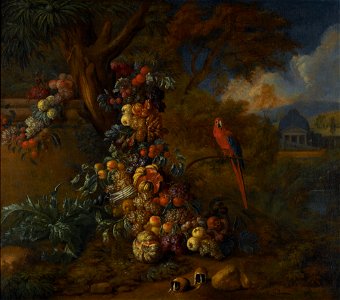 Jan Pauwel Gillemans (II) - Still life of fruit and vegetables in a park landscape, with a macaw and two guinea pigs