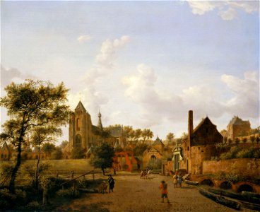 Jan van der Heyden - The South-West Approach to the Town of Veere with the Groote Kerk. Free illustration for personal and commercial use.