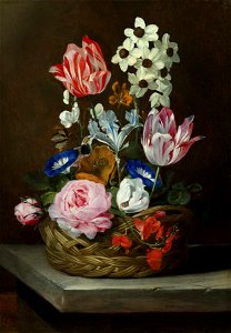 Jan van den Hecke - Still life of flowers in a basket. Free illustration for personal and commercial use.