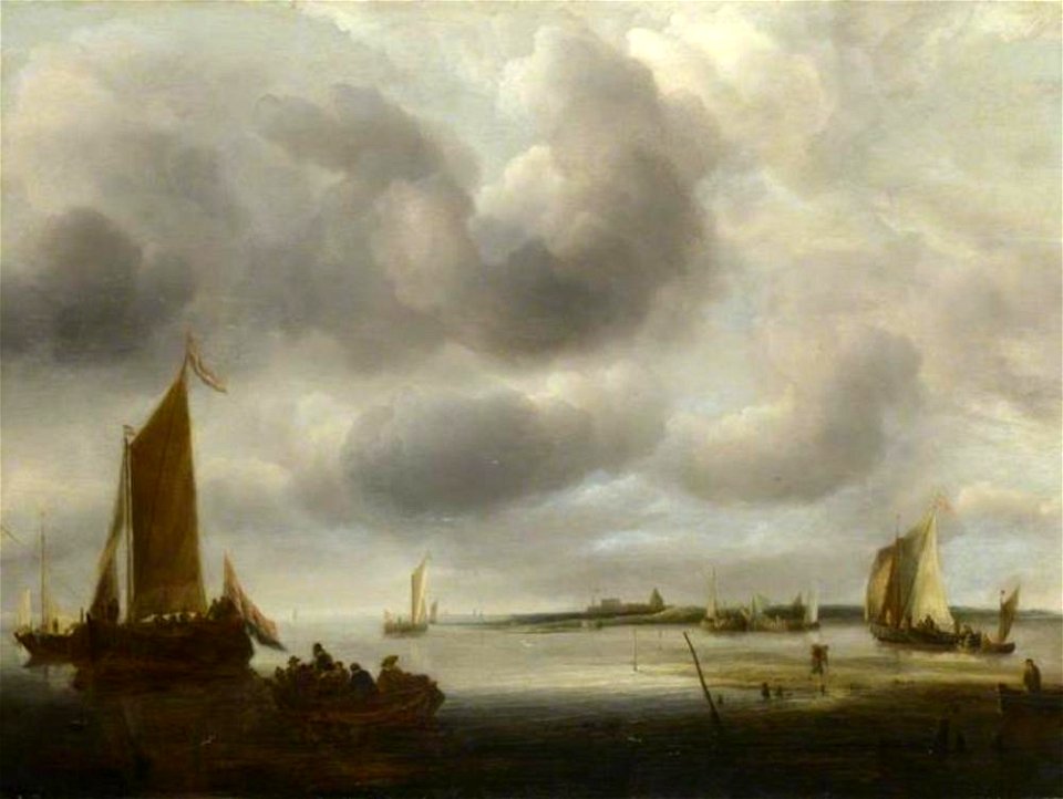 Jan van de Cappelle - Riviergezicht met verschillende schepen en midden in de achtergrond een dorp - NG2586 - National Gallery