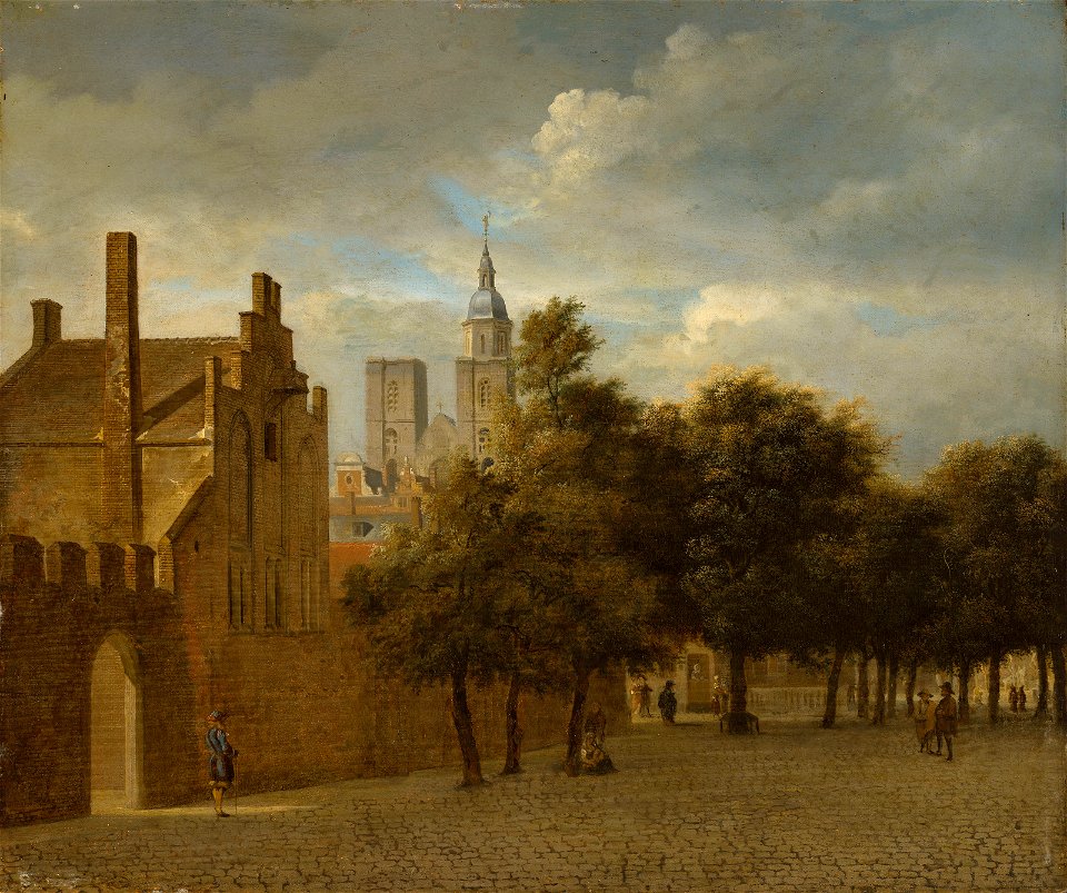 Jan van der Heyden - A Townscape with figures promenading and a church beyond 2019 CKS 17293 0146
