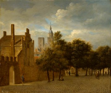 Jan van der Heyden - A Townscape with figures promenading and a church beyond 2019 CKS 17293 0146. Free illustration for personal and commercial use.