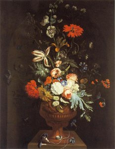 Jan van Huysum - Bloemstilleven in een terracotta vaas, met medallion, op een piëdestal in een nis