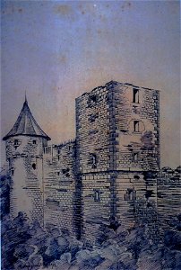 Johann Friedrich Reik (1836-1904), Aquarell, Vellberg, Pulverturm und westlicher Rundturm am 28. September 1902 (nach dem Stadtbrand)
