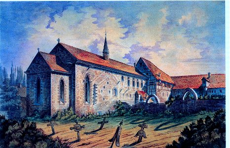 Johann Friedrich Reik (1836-1904), Aquarell, Gnadental (Michelfeld), ehemalige Klosterkirche St. Maria von Nordosten