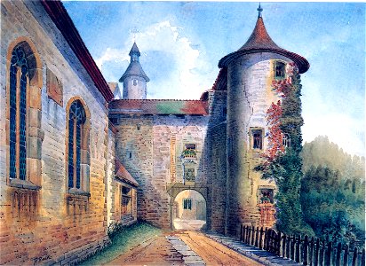 Johann Friedrich Reik (1836-1904), Aquarell, Braunsbach, Schloß, Eingangstor in der südl. Westwand der Umfassungsmauer mit südlichem Rundturm (rechts) und Schlosskapelle, Kirche St. Bonifatius (links)