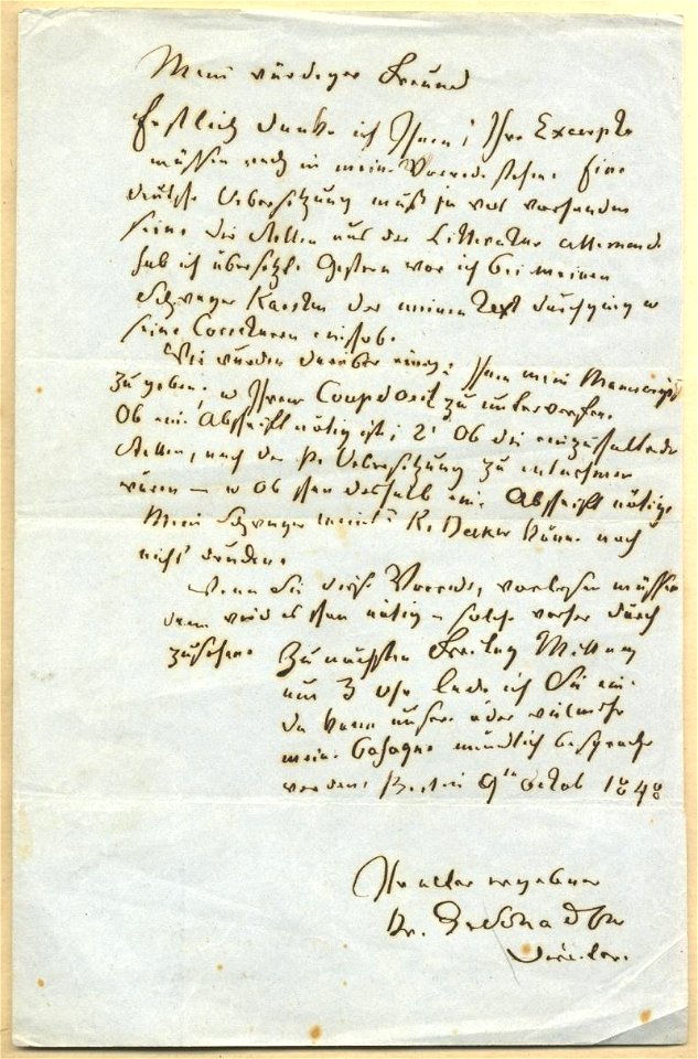 Johann Gottfried Schadow Brief an Prof Preuß 1848-10-09