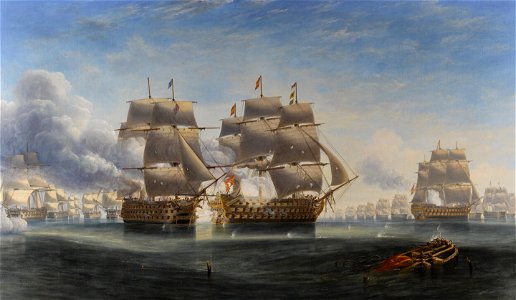 John Wilson Carmichael - The opening engagement at Trafalgar; H.M.S. 'Royal Sovereign' raking the stern of the Spanish flagship 'Santa Ana'