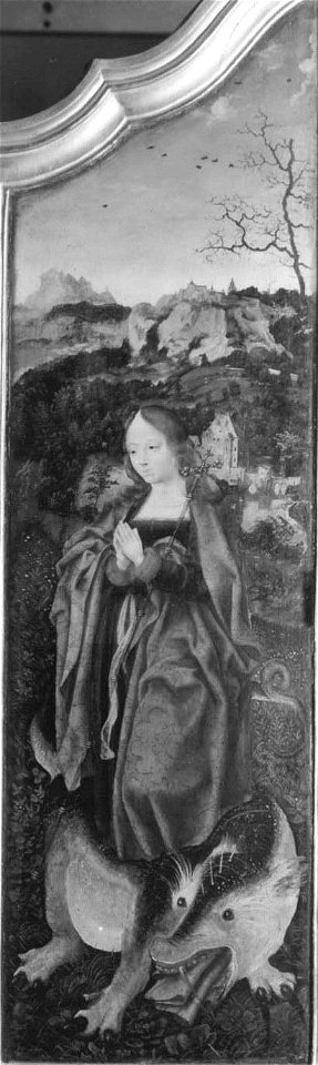Joos van Cleve - Beweinungstriptychon, Hl. Margarethe Rückseite, Engel der Verkündigung - 1476 B - Bavarian State Painting Collections