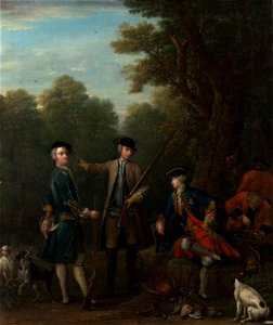 John Wootton (c. 1682-1764) - The Shooting Party, Frederick, Prince of Wales with John Spencer and Charles Douglas, 3rd Duke of Queensberry - RCIN 402421 - Royal Collection