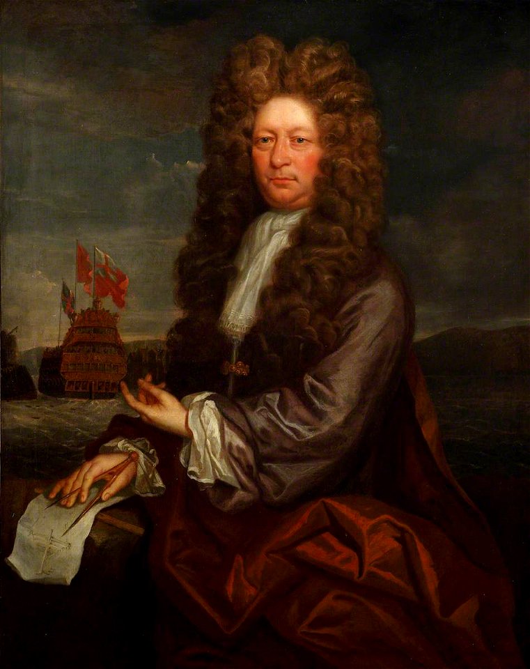 Jonathan Richardson the elder (1667-1745) - Fisher Harding (active 1698–1701), Master Shipwright, with the Launch of the 'Royal Sovereign', 1701 - BHC2743 - Royal Museums Greenwich