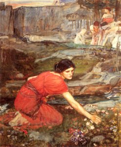 John william waterhouse maidens picking flowers by the stream (study). Free illustration for personal and commercial use.