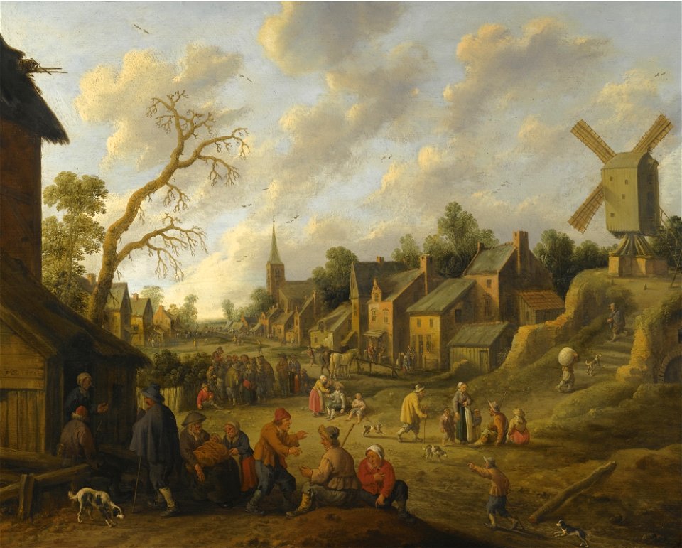 Joost Cornelisz. Droochsloot - Een brede straat door een dorp vol met tal van figuren