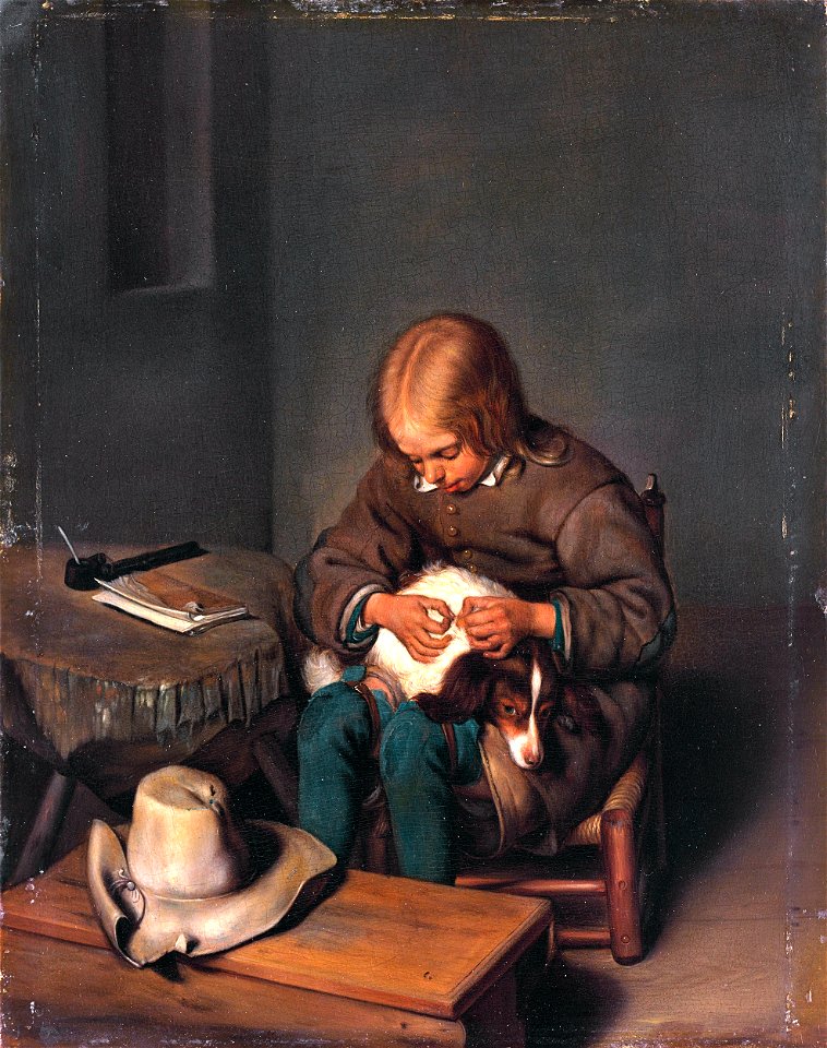 Jongen bezig een hondje te vlooien, naar Gerard ter Borch (II)