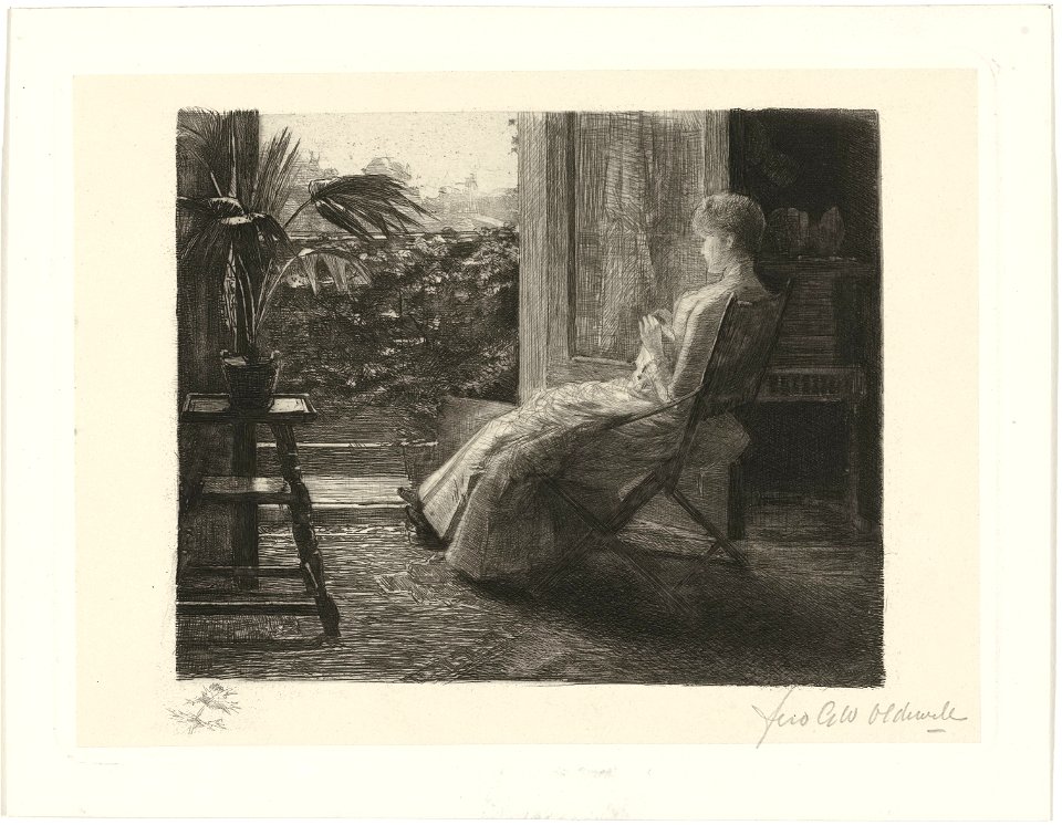 Jonge vrouw bordurend bij het open raam (1887) door Ferdinand Oldewelt