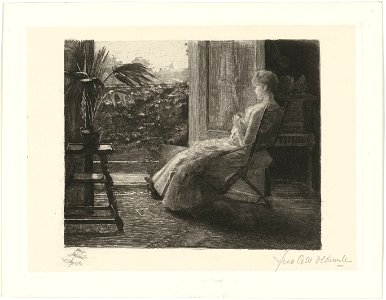 Jonge vrouw bordurend bij het open raam (1887) door Ferdinand Oldewelt