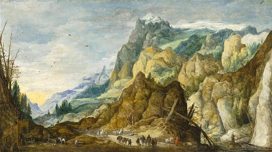 Joos de Momper II - Extensive mountainous landscape with travellers. Free illustration for personal and commercial use.